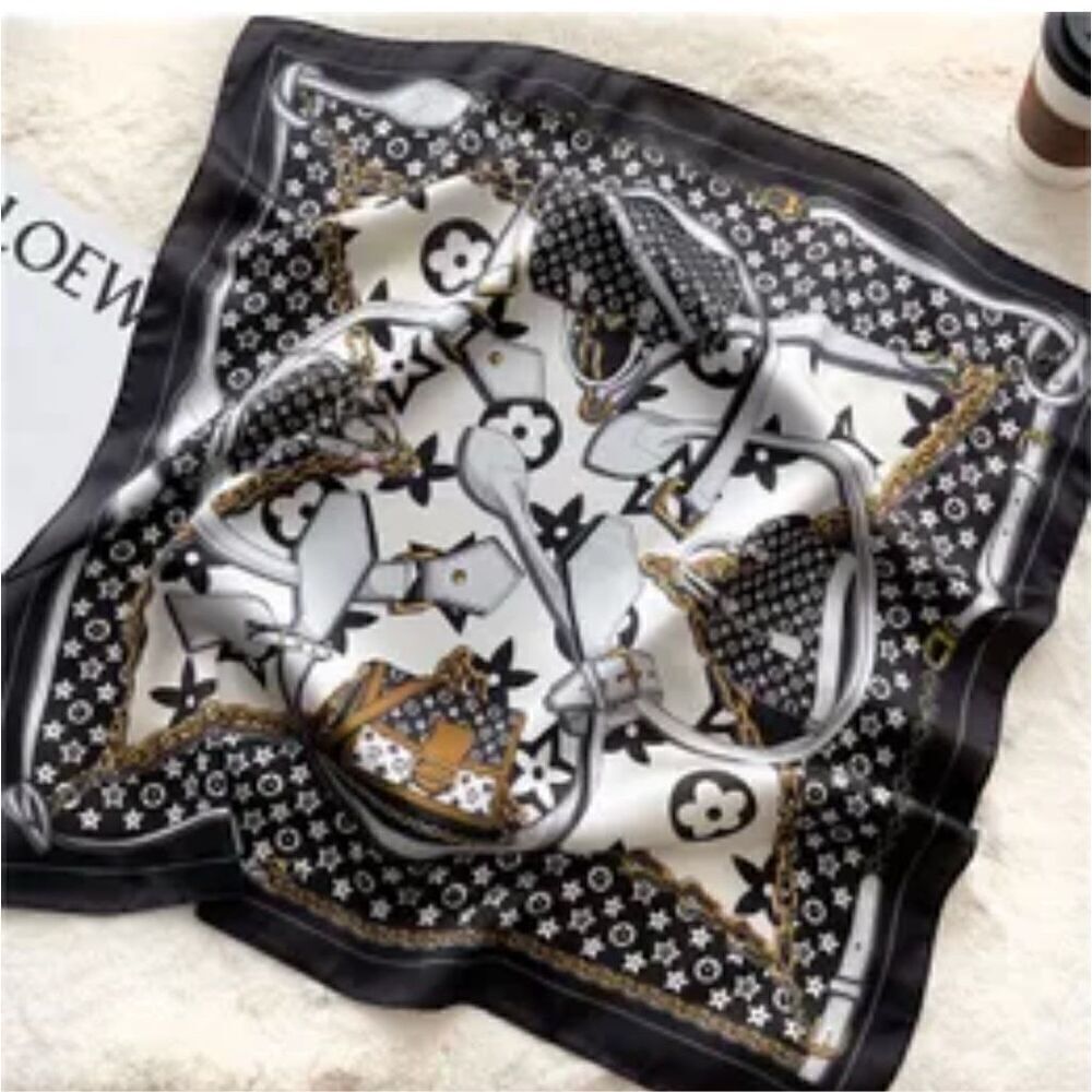 Patterned silk like scarf clover handbag letter pattern designer nwt